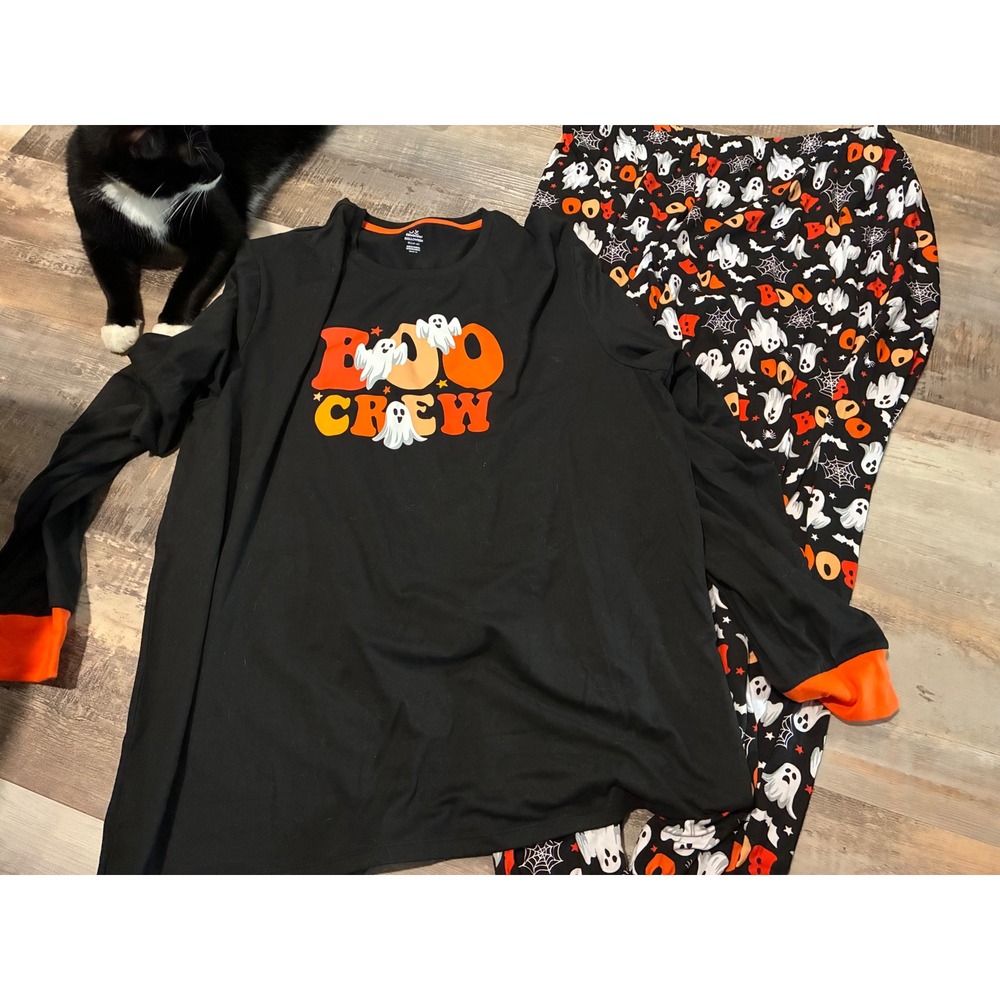 Celebrate Halloween Boo Crew Pajama Set Womens XL Black Orange Ghost 2 Piece